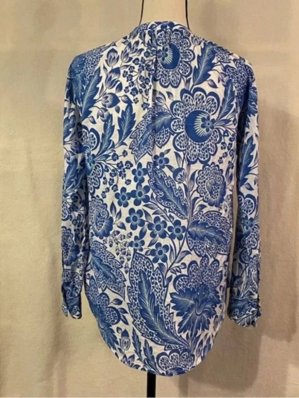 J. Crew Raglan Popover Shirt in blue & white floral paisley print cotton